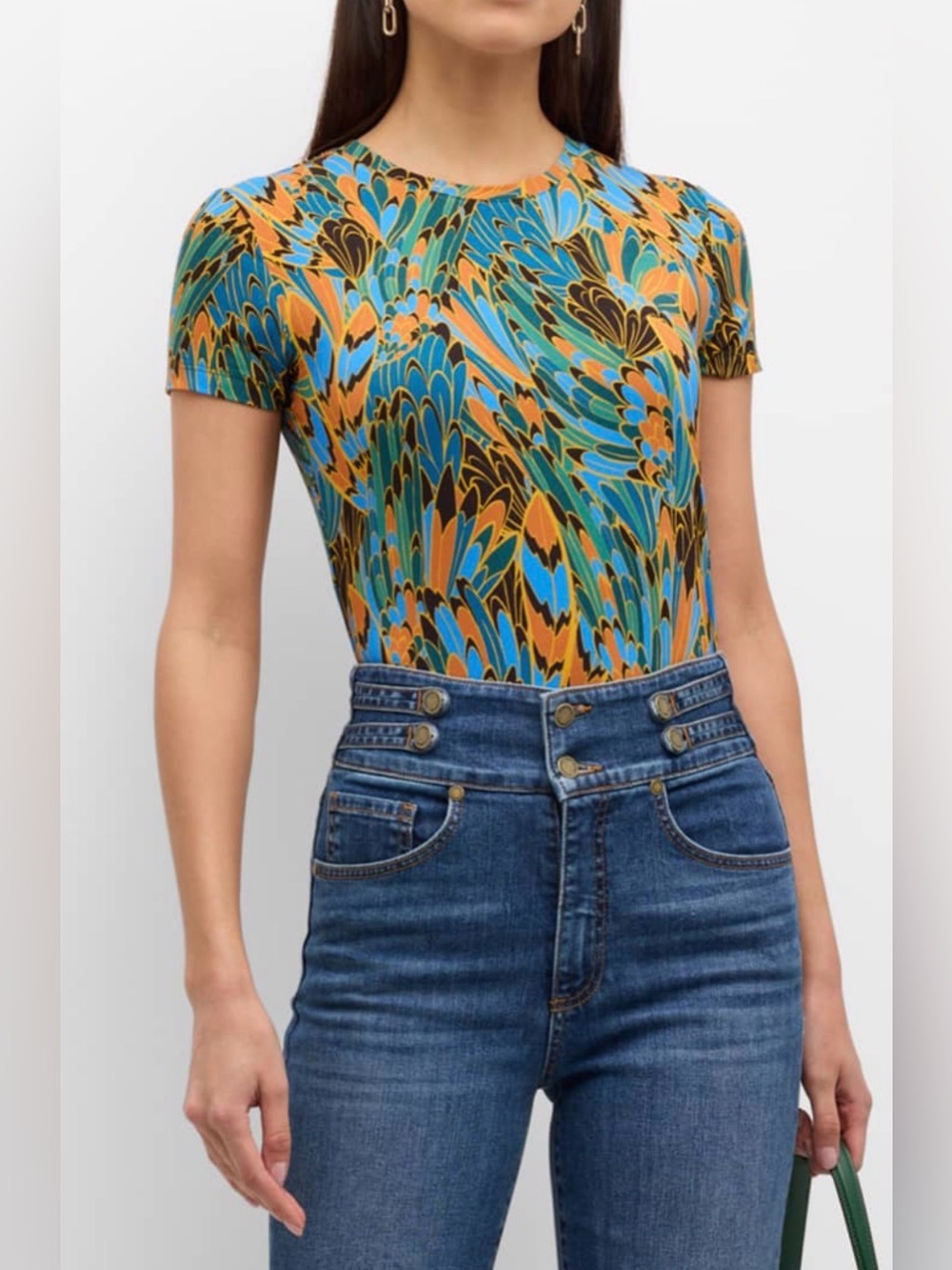 L’AGENCE Ressi Fitted Tee Multicolor Abstract Print Stretch Jersey Slim Top